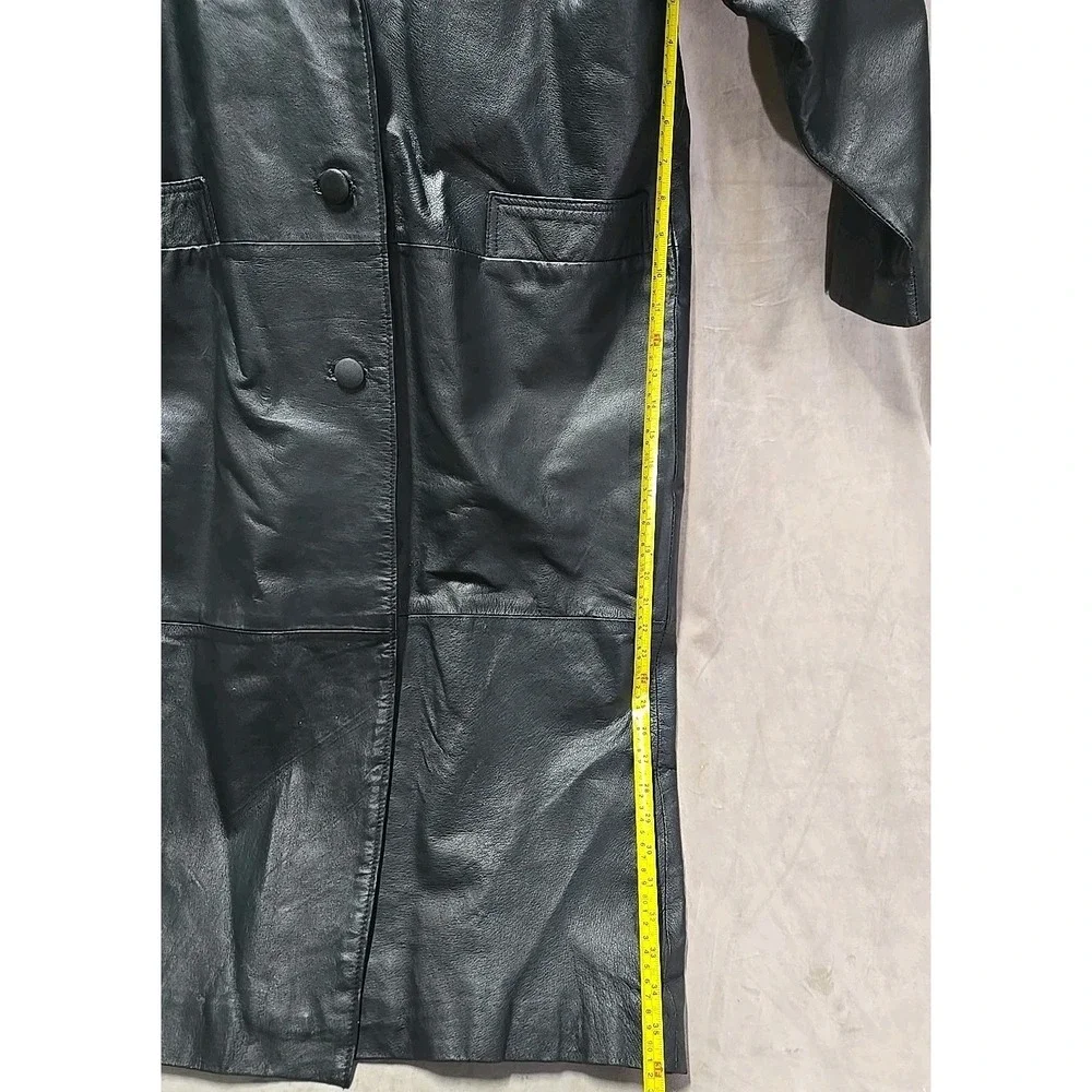 Vintage 90s Women Comint Black Leather Longline Trench‎ Coat Medium Oversized